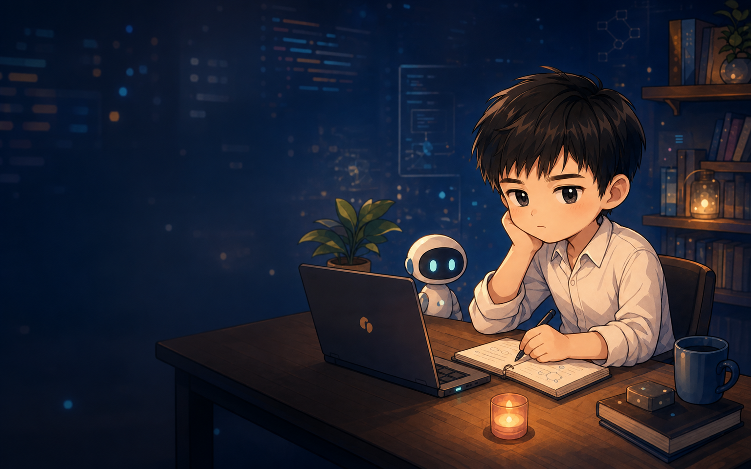 深蓝色个人实验室中，一名记录思考的少年与小型 AI 助手坐在灯火旁